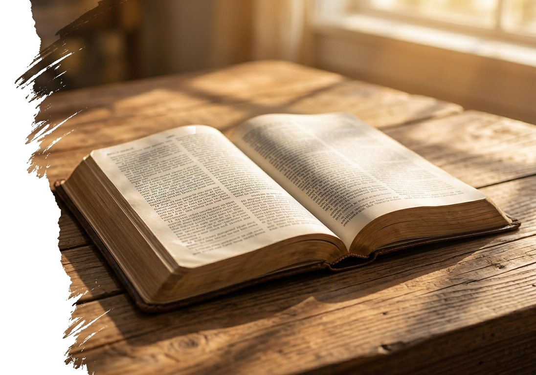 Biblia abierta sobre mesa rústica de madera con efecto rasgado en pincel seco